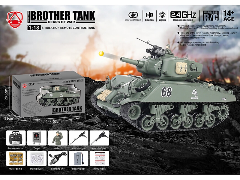 Brother Tank RC Tank 1:18 USA M4A3 Sherman - Green BT-828